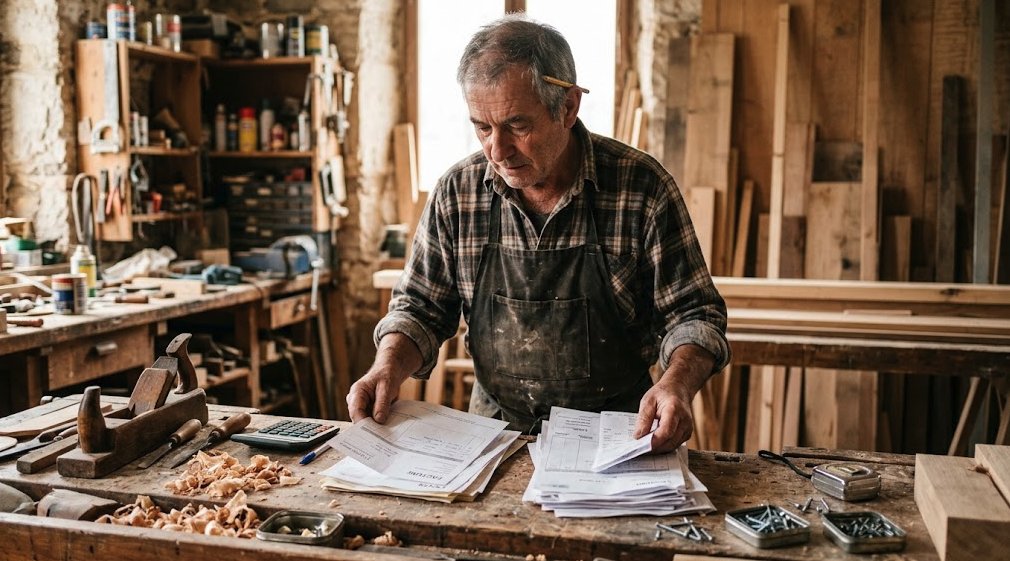 Un artisan menuisier trie ses factures pour distinguer charges fixes et charges variables et calculer son seuil de rentabilité